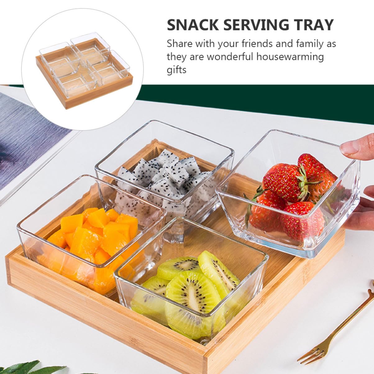 Plateau De Fruits En Verre 4 Compartiments Transparent, Plateau De Service Pour Collations En Verre Support En Bois, Assiettes Polyvalentes Pour Noix Et Fruits Secs, Usage Fête Et Apéritif