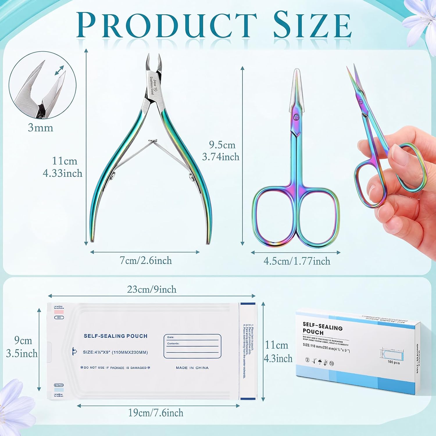 Lothee 4 Pcs Curved Cuticle Scissor Trimmer 100 Sterilizer Pouch, Rainbow
