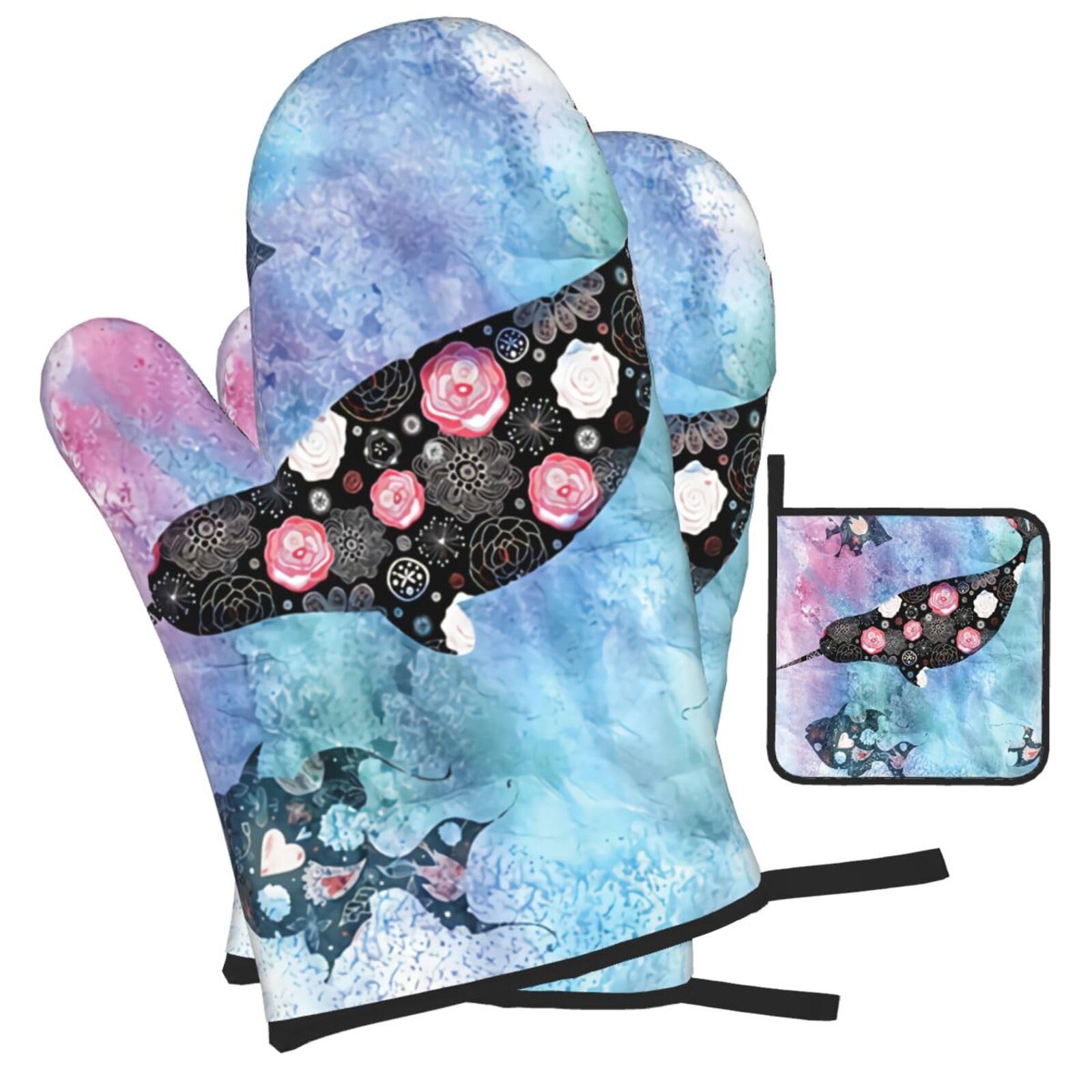 Whale Printed Oven Mitts and Pot Holders Heat Resistant Set of 3 Pcs, Modern Kitchen Gloves & Potholders for Cooking Baking Grilling