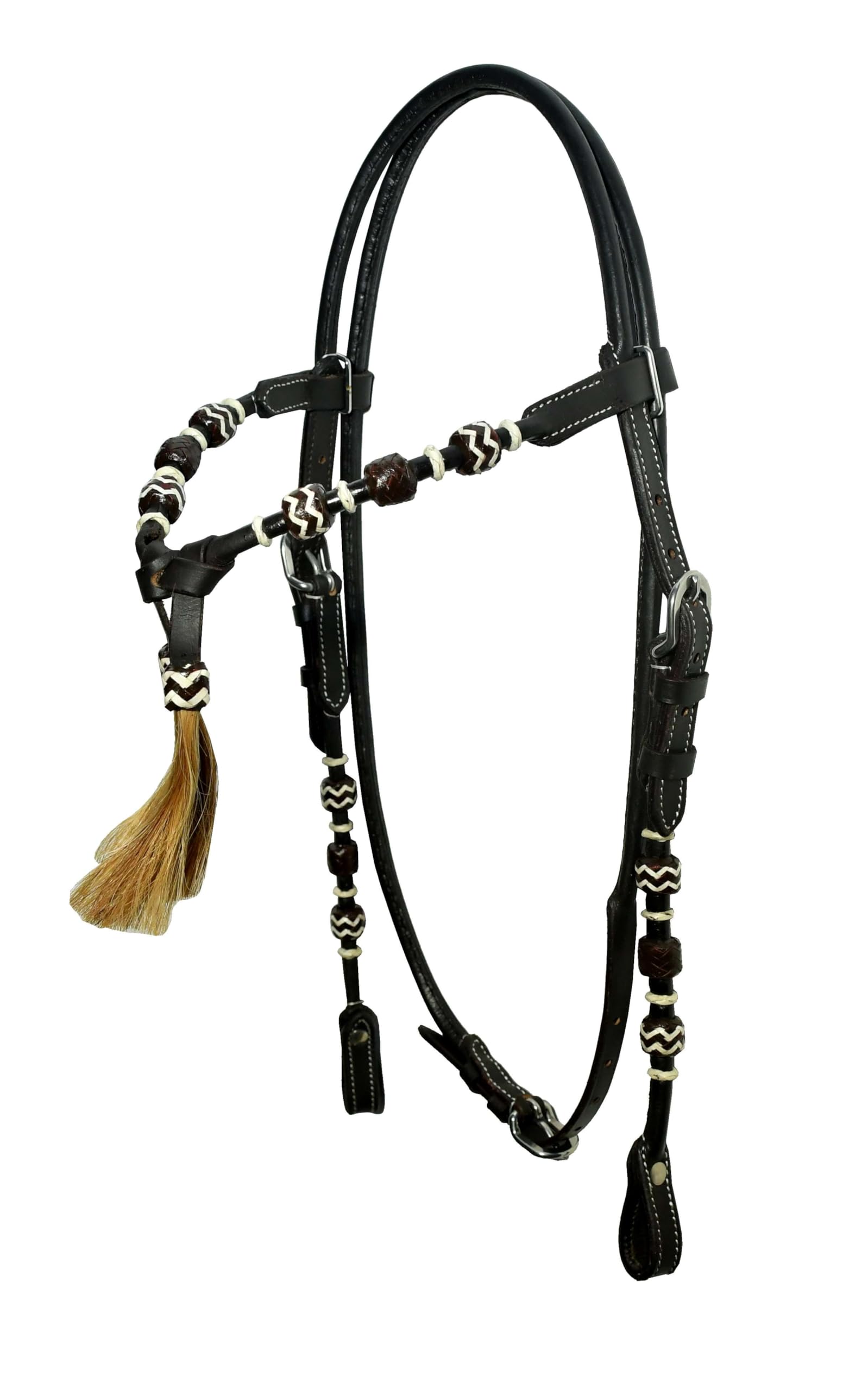 WeavingCraft Rolled Leather Western Headstall Bridle|Futurity Knot Browband|Natural Hair Tassels (Brown)