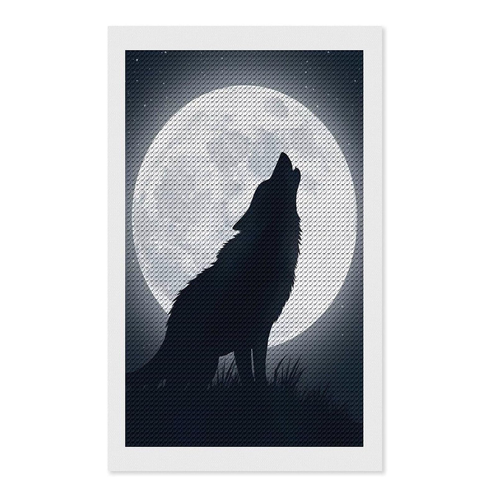 Junmoney Wolf Howling at The Moon Diamond Art Kit 12"x20", Modern Decor, for Adults, Printed Canvas, Holiday Gift Idea, Fun Craft Experience