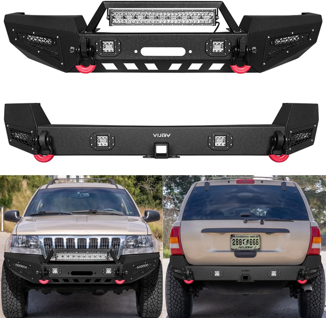 Vijay Front and Rear Bumper Fits 1999-2004 Grand Cherokee WJ with Winch Plate and Lights