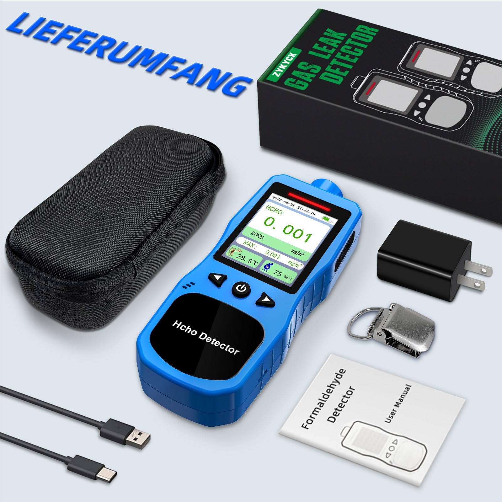 Formaldehyd Messgerät, Wiederaufladbarer HCHO Monitor mit Alarm, Temperatur und Luftfeuchtigkeitsmesser, Formaldehyd Detektor Luftqualitätsmesser für Zuhause und Arbeit