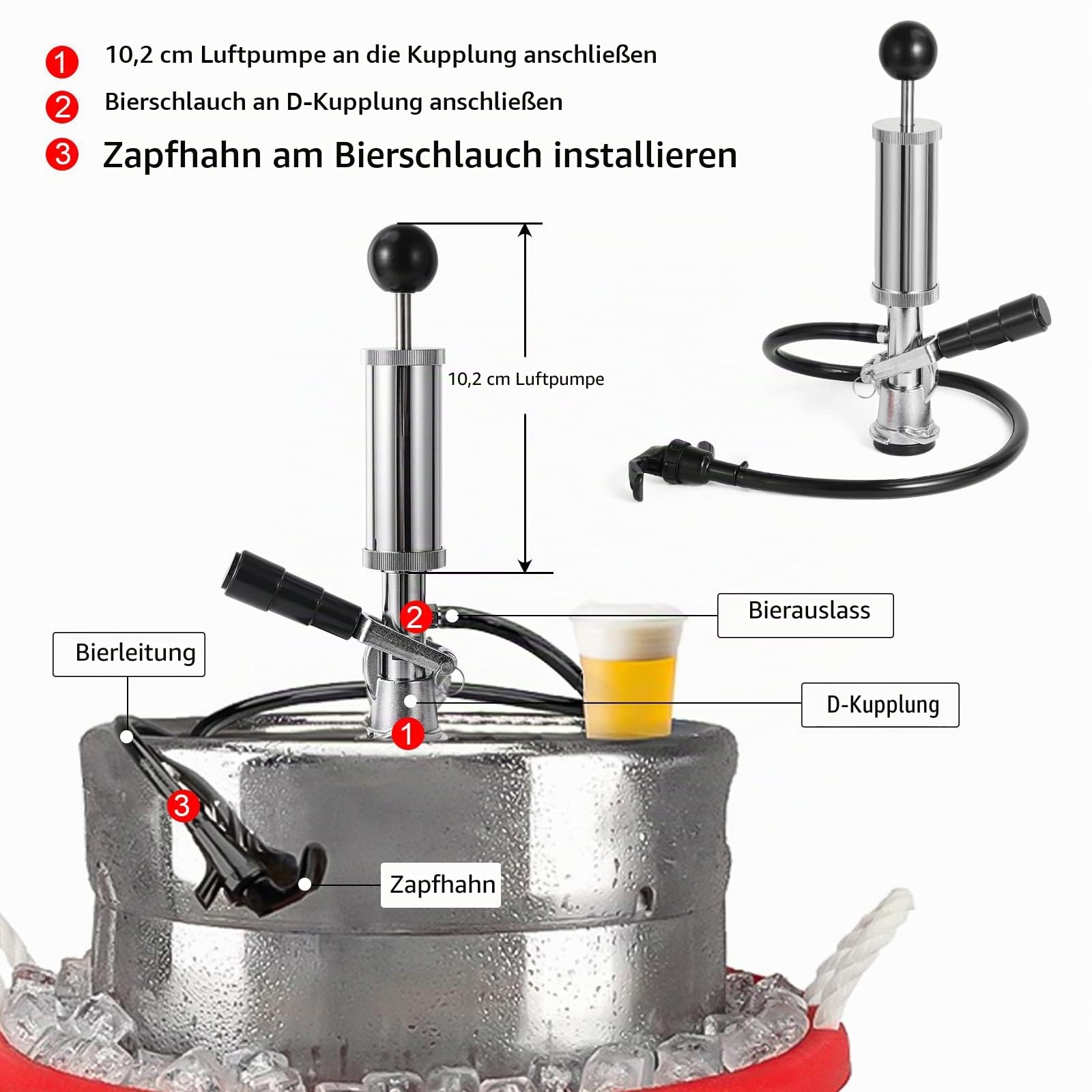 MRbrew Keg Party Pumpe, American D System Beer Keg Tap Fass Handpumpe 10,2 cm Picknickpumpe mit Bierhahn & Bierschlauch, verchromtes Fass, 