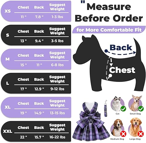Miniatura 2 de PETCARE Vestido de perro a cuadros con pajarita y arnés para perros pequeños, gatos, niñas, lindos vestidos de princesa para perro, primavera