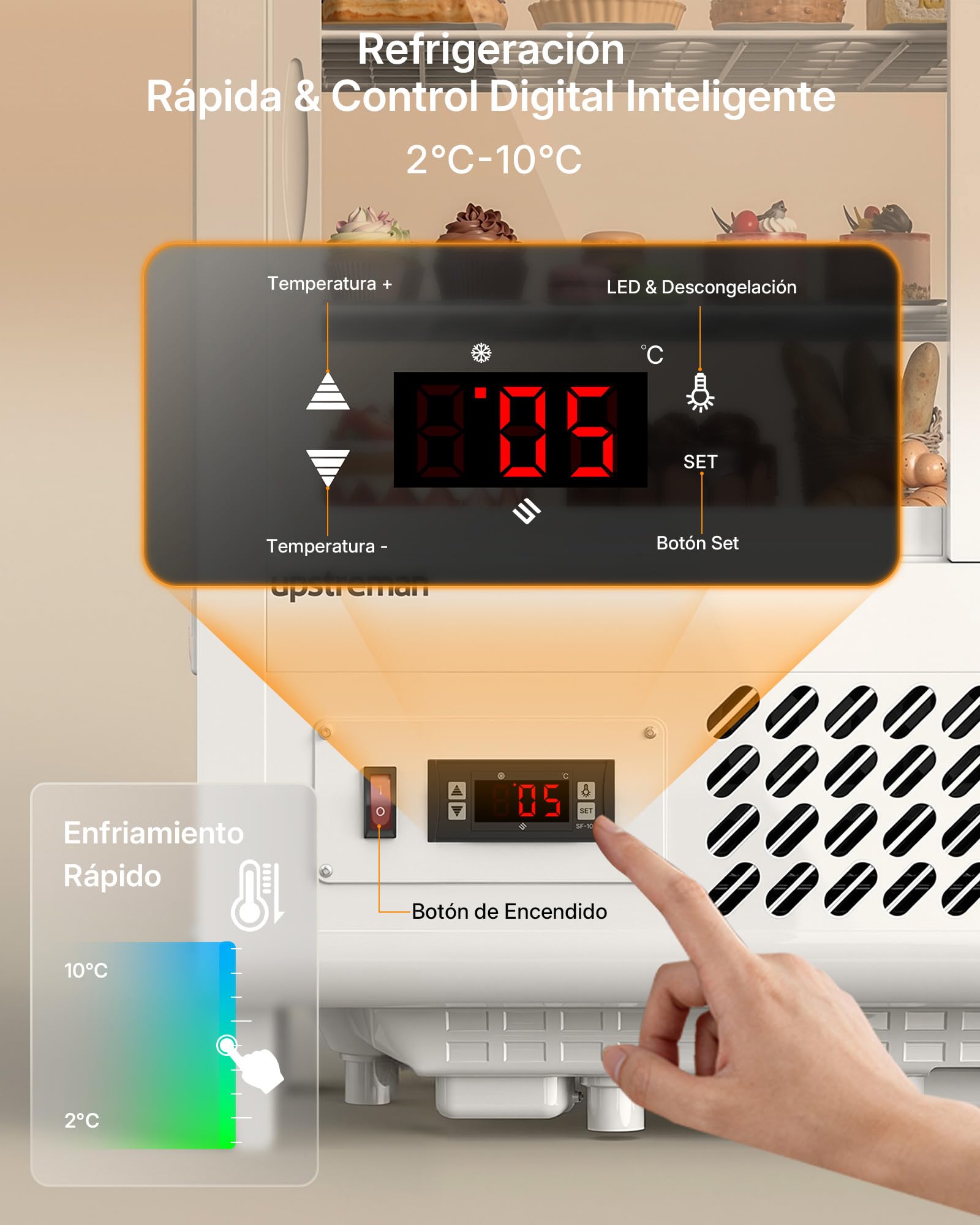 Upstreman Vitrina Refrigeradora 100L con Iluminación LED, Control Digital de Temperatura 2-10°C, 2 Estantes Ajustables, para Cafetería, Panadería y Pastelería, CD101 Blanco