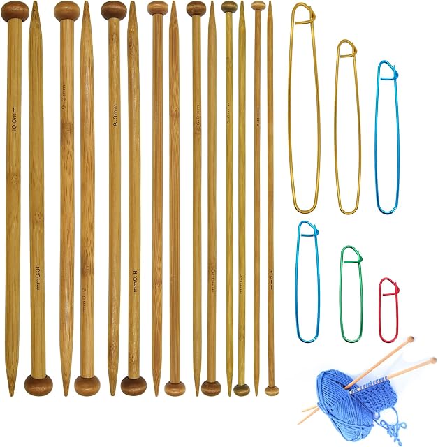 7 Ensemble d'aiguilles de tricot de bambou, 10Inch Aiguilles de tricotage en bois long et lisse(4-10mm) Bois droit monopoint pour écharpes, couvertures, chapeaux – Cadeau pour les amateurs de tricot/débutants