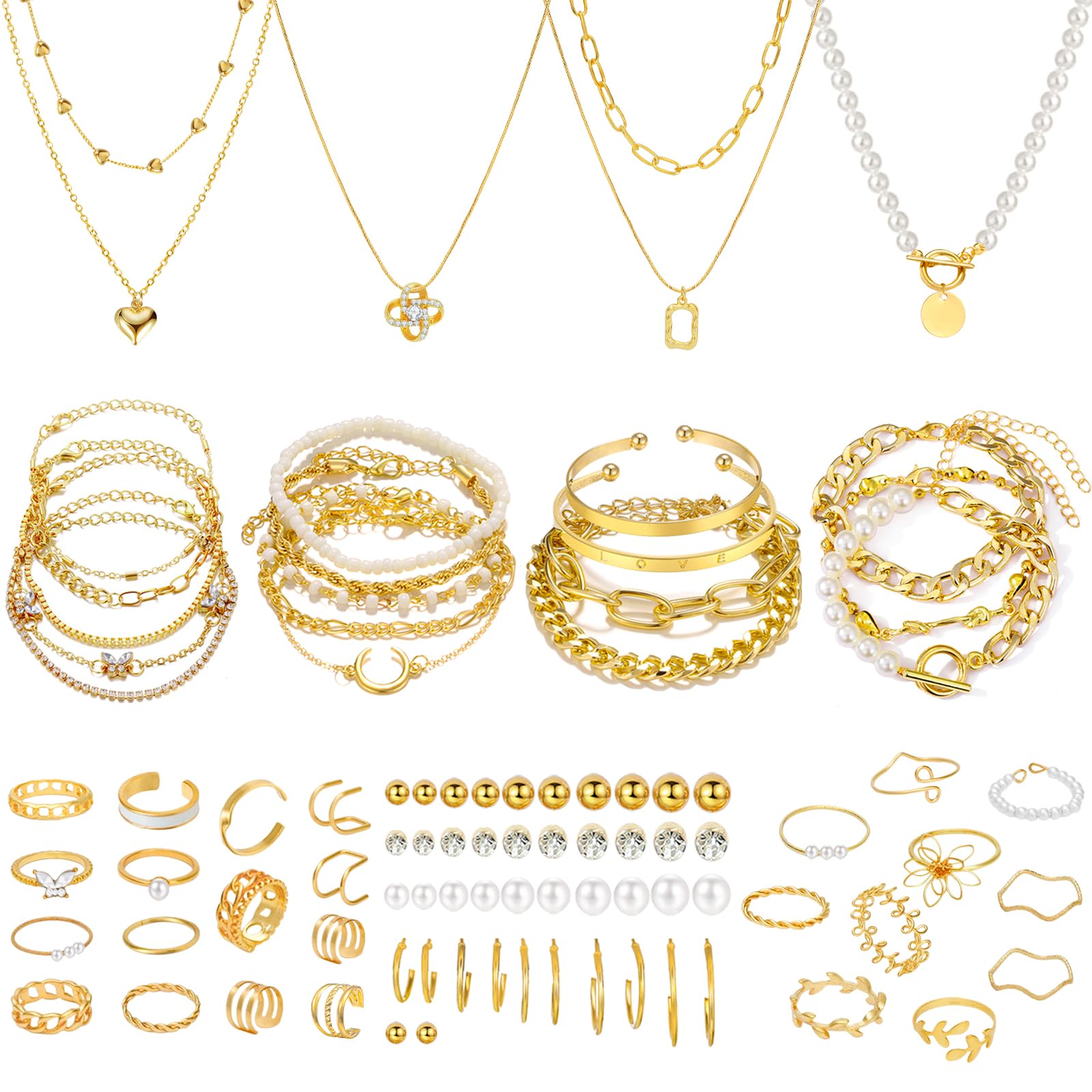 NEWITIN 69 Pcs Gold Jewelry Set for Women Hypoallergenic Bohemian Jewelry