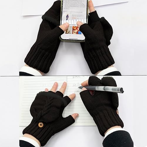 Miniatura 74 de Beurlike Guantes de invierno para mujer, de lana cálida, a prueba de viento, convertibles, sin dedos Negro