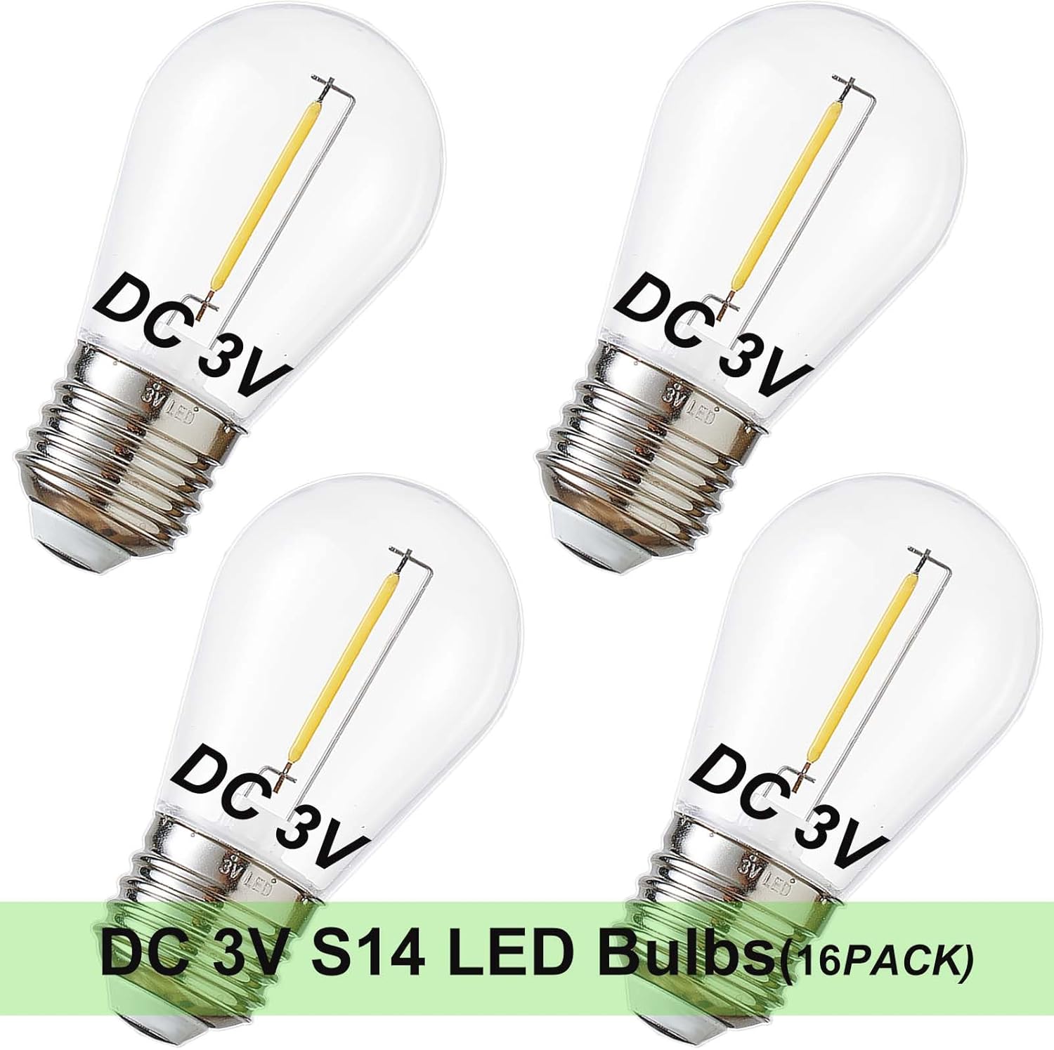 DC 3V Low Voltage Solar String Light Bulbs, Only for 3V DC, Burn Out at 120V, Shatterproof Waterproof S14 LED Bulbs, E26 Base, 1W Warm White 2700K, 16 Pack