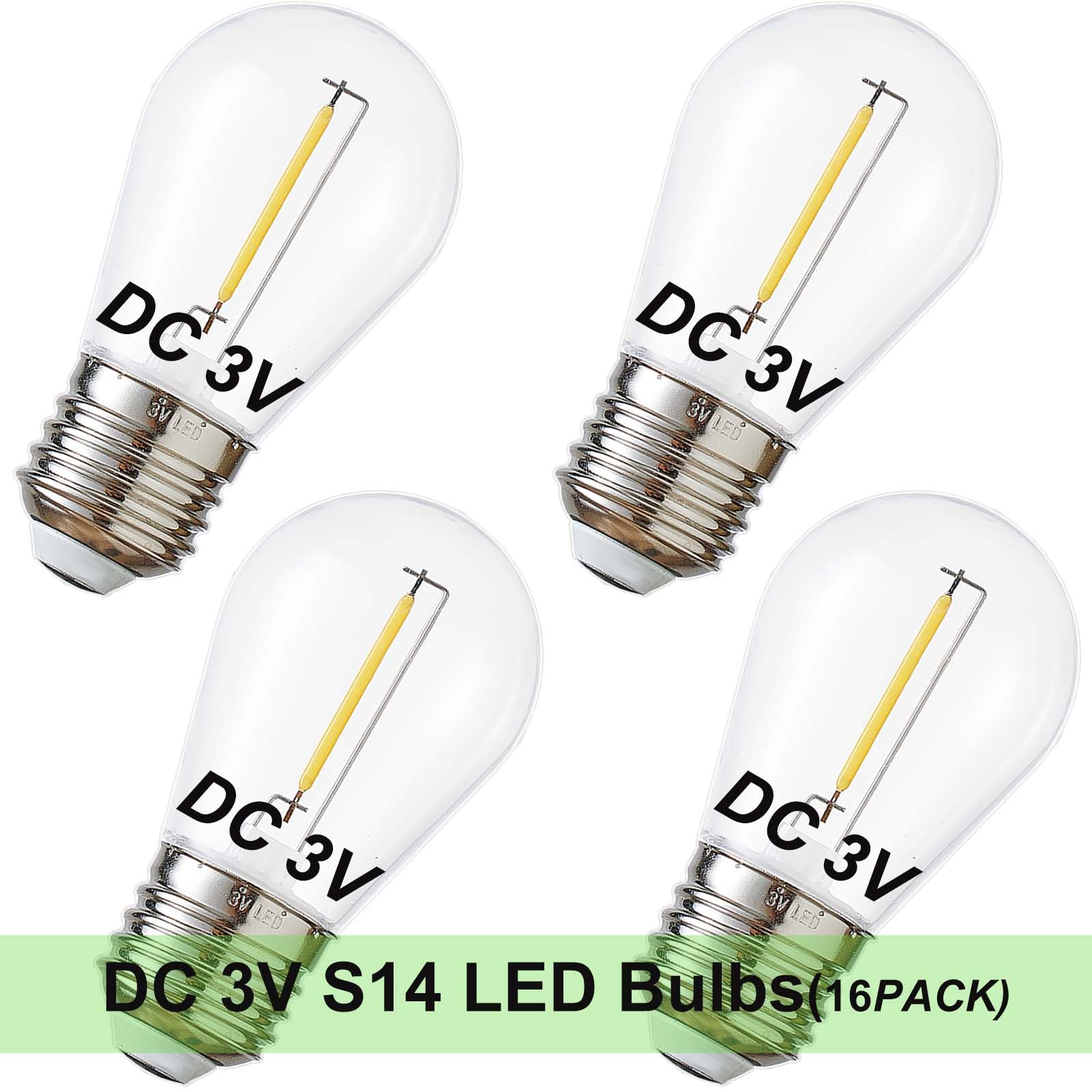 Guirnalda de bombillas solares de bajo voltaje de 3 V CC, bombillas LED S14 resistentes al agua, base mediana E26, 1 W, 2700 K (16, blanco cálido)