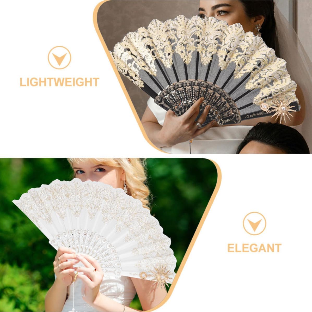 2pcs Lace Handheld Fans for Women Foldable Vintage Style Hand Fans with Plastic and Cloth Material Multi-use Reusable for Wedding and Cosplay