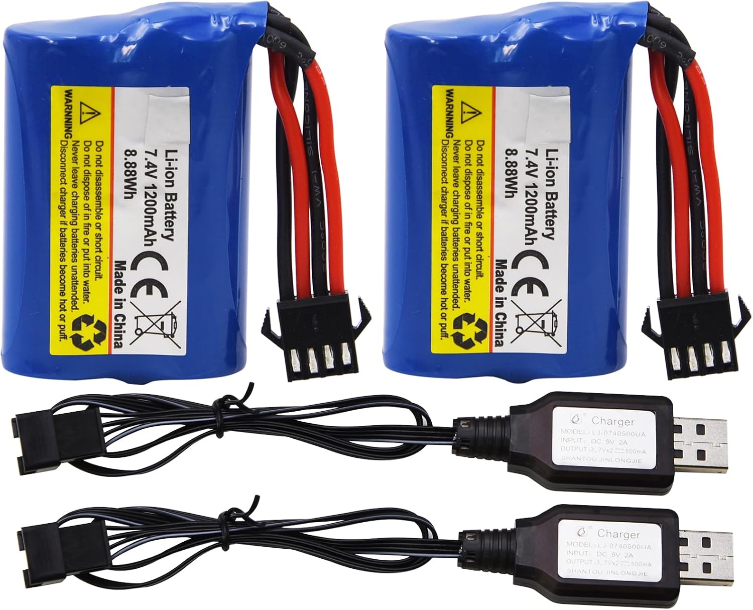 Blomiky 2 Pack 7.4V (2 x 3.7V) 1100mAh Li-ion Rechargeable Battery with SM-4P Connector Plug and USB Cable Replacement fit for HONGXUNJIE HJ808 HJ823 2.4GHz RC Boat / HJ808 Battery 2