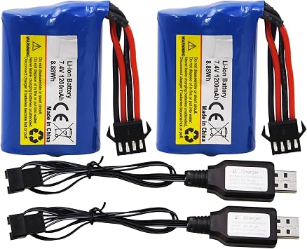 Blomiky 2 Pack 7.4V 1200mAh Li-ion Rechargeable Battery with SM-4P Connector Plug and USB Cable Replacement fit for HONGXUNJIE HJ808 HJ823 2.4GHz RC Boat / HJ808