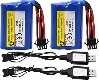 Blomiky 2 Pack 7.4V (2 x 3.7V) 1100mAh Li-ion Rechargeable Battery with SM-4P Connector Plug and USB Charger Cable Replacement fit for HONGXUNJIE HJ808 HJ823 2.4GHz RC Boat / HJ808 Battery 2