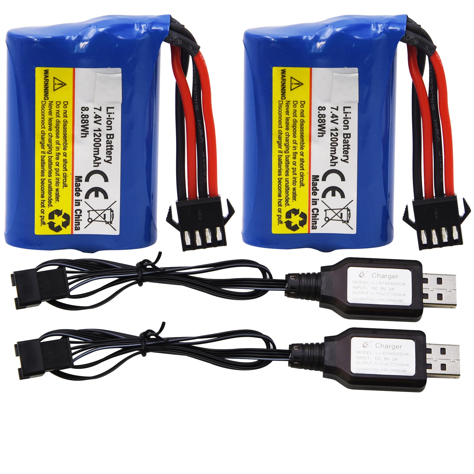 Blomiky 2 Pack 7.4V (2 x 3.7V) 1100mAh Li-ion Rechargeable Battery with SM-4P Connector Plug and USB Cable Replacement fit for HONGXUNJIE HJ808 HJ823 2.4GHz RC Boat / HJ808 Battery 2