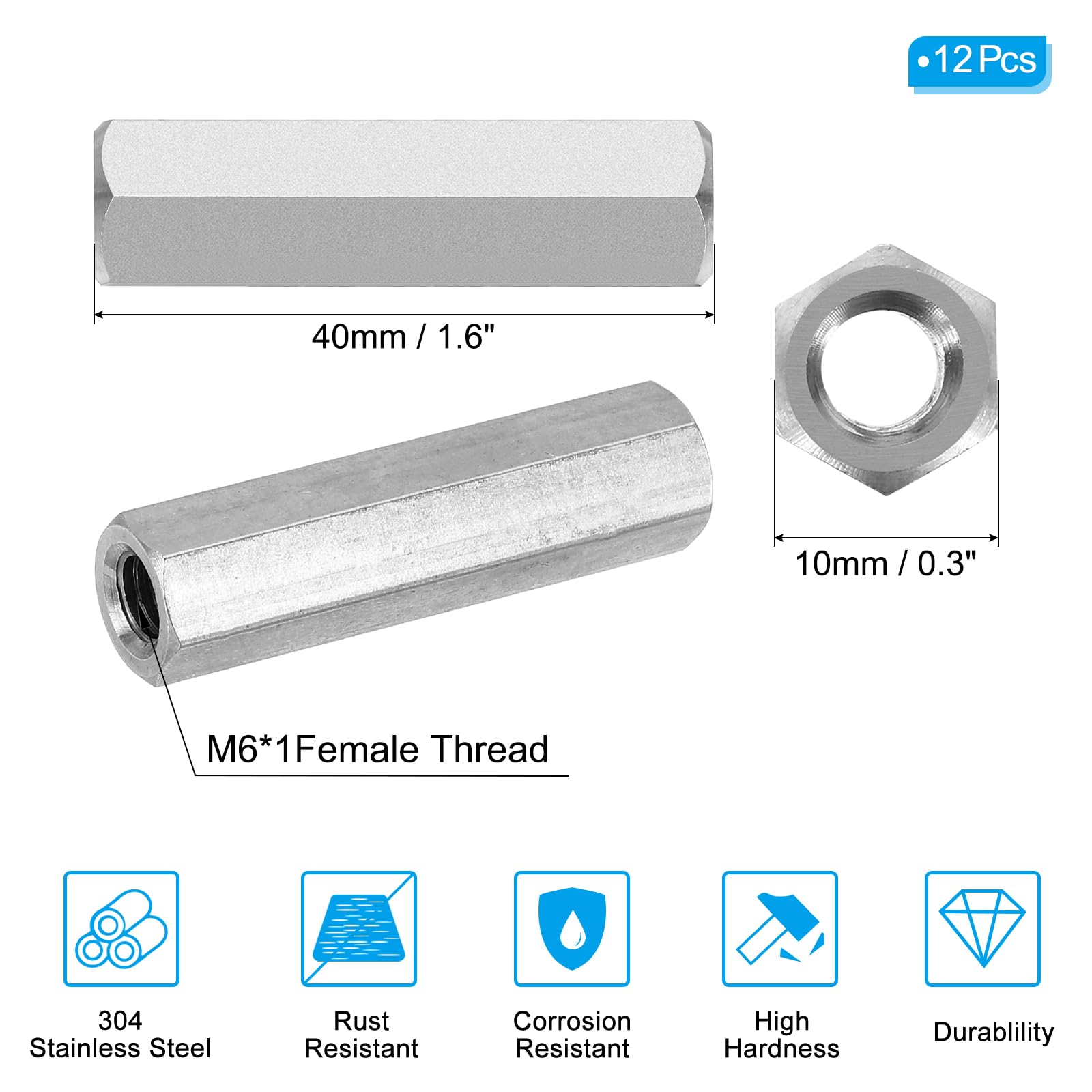 PATIKIL M6 x 1-Pitch 304 Stainless Steel Hex Coupling Nuts - Image 2