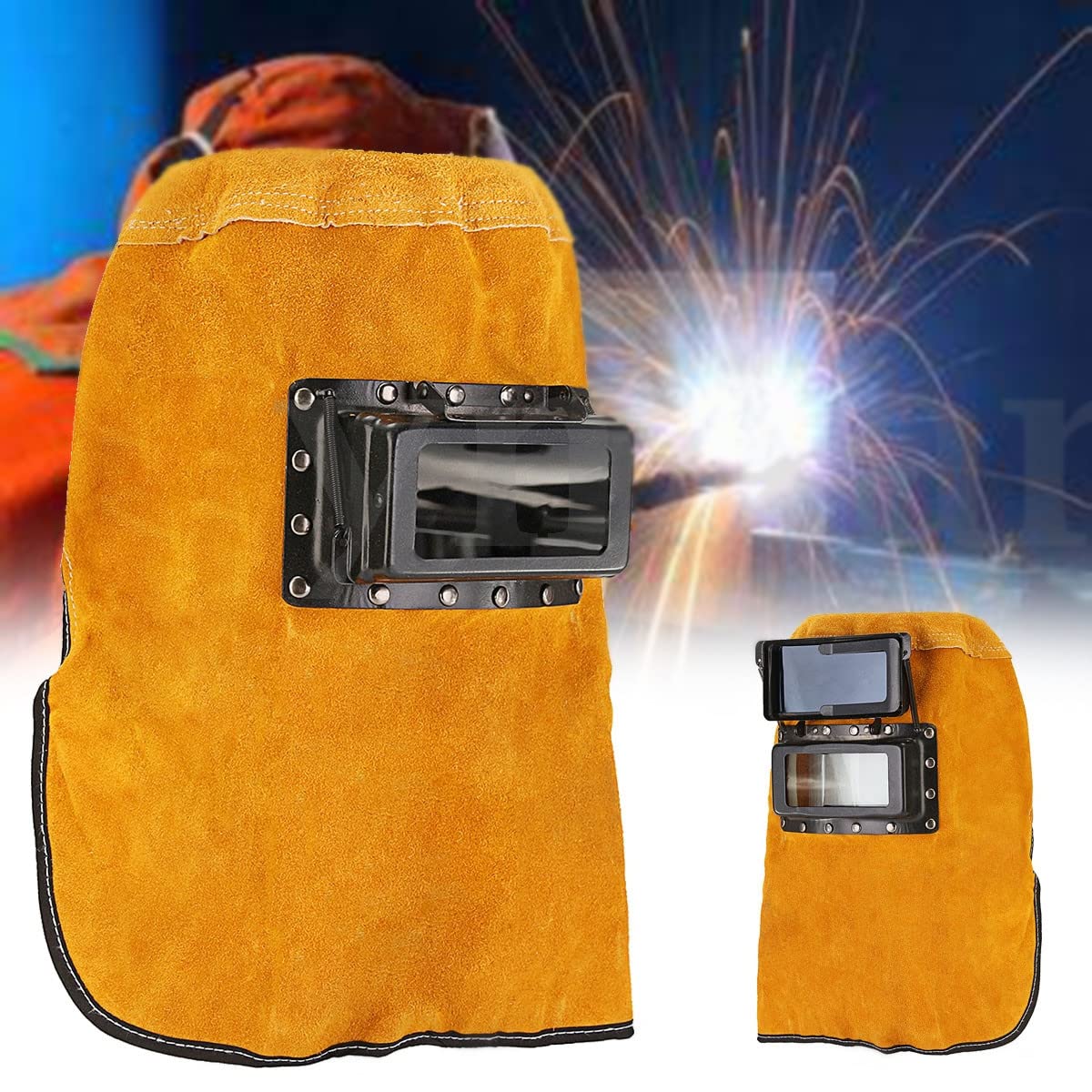 Cowhide Leather Welding Helmet with Flip Lens,Welding Hood Protective Gear Mask Work Cap