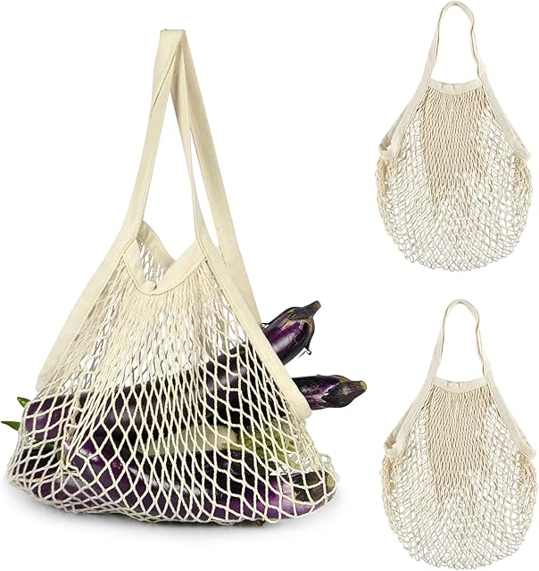 Pinuotu 3 Pack Reusable Grocery Mesh Bags, Portable and Washable Cotton String Shopping Bag with Long Handle, 100% Cotton Reusable Mesh Produce Net Tote Bags Set for Fruit Vegetable Storage (Beige)