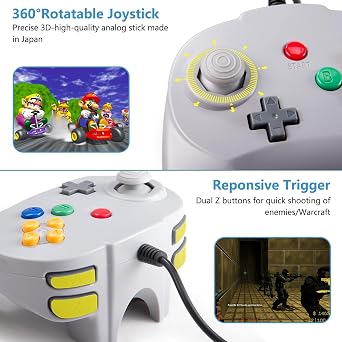 KIWITATA 2 Pack N64 USB Controller, Retro Mini N64 Wired 64-bit Upgraded Joystick Game Pad Joypad Controller for Windows PC/Mac Black & Gray