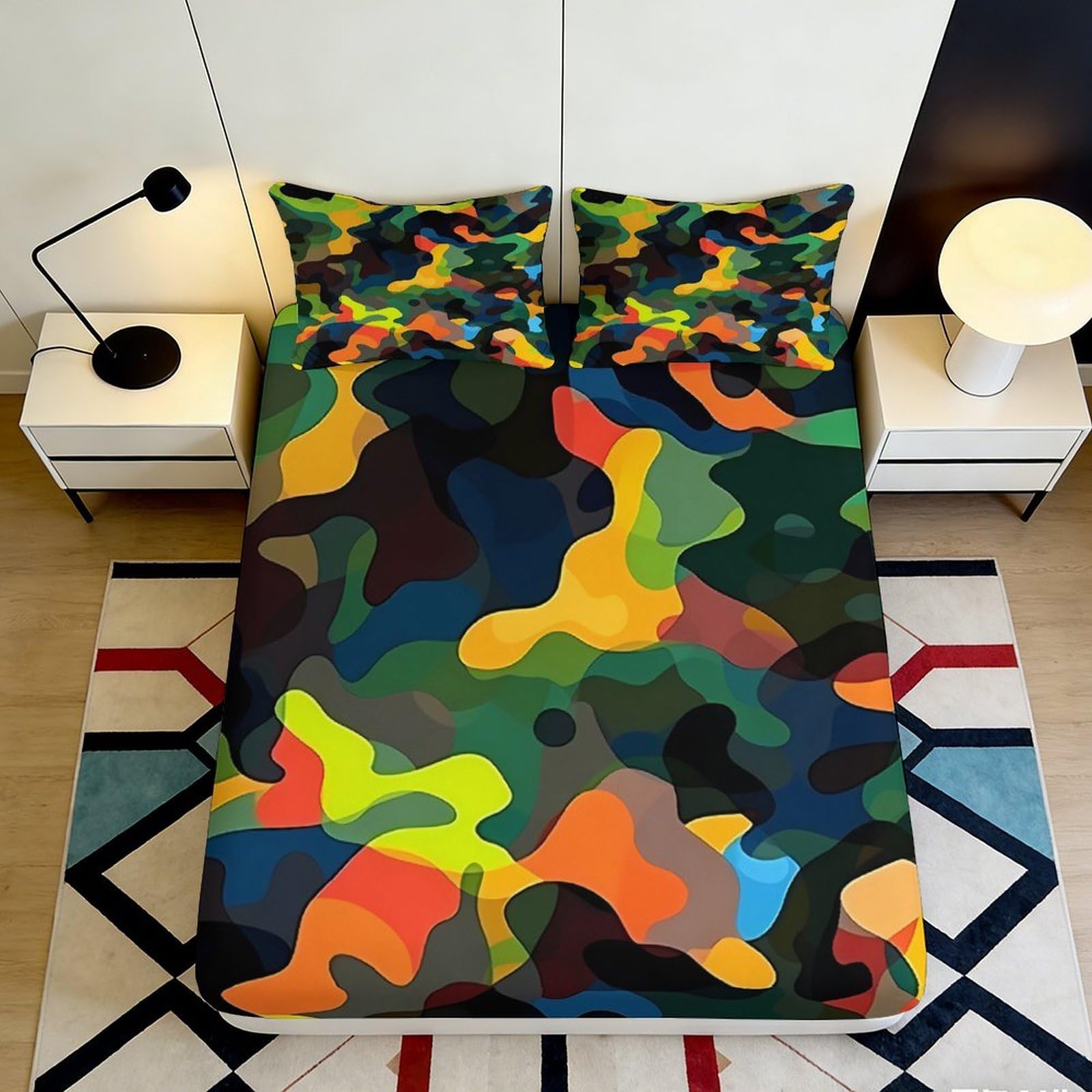 Decorative multicolour camouflage Fitted Sheet 3D Printed soft touch Microfiber for bedroom, apartment bedding, anti-slip, easy care 90x200x25cm