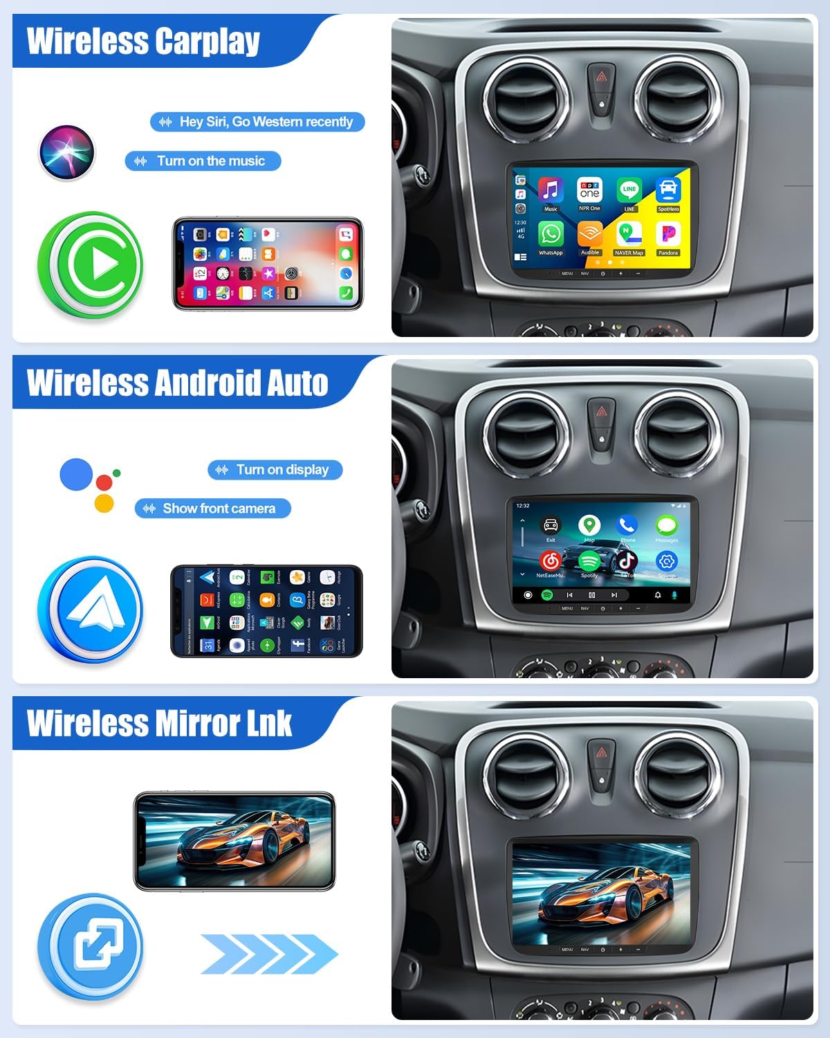 Wireless Carplay, Android Auto, and Mirror Link features