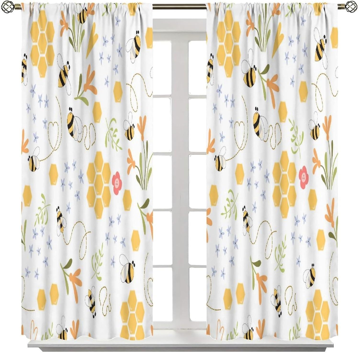 Kids Cartoon Bee Blackout Curtain Cute Floral Window Curtain Yellow Sweet Plant Darkening Drapes Rod Pocket Cafe Dining Room Bedroom Living Room Kitchen 2 Panels 42x54 in