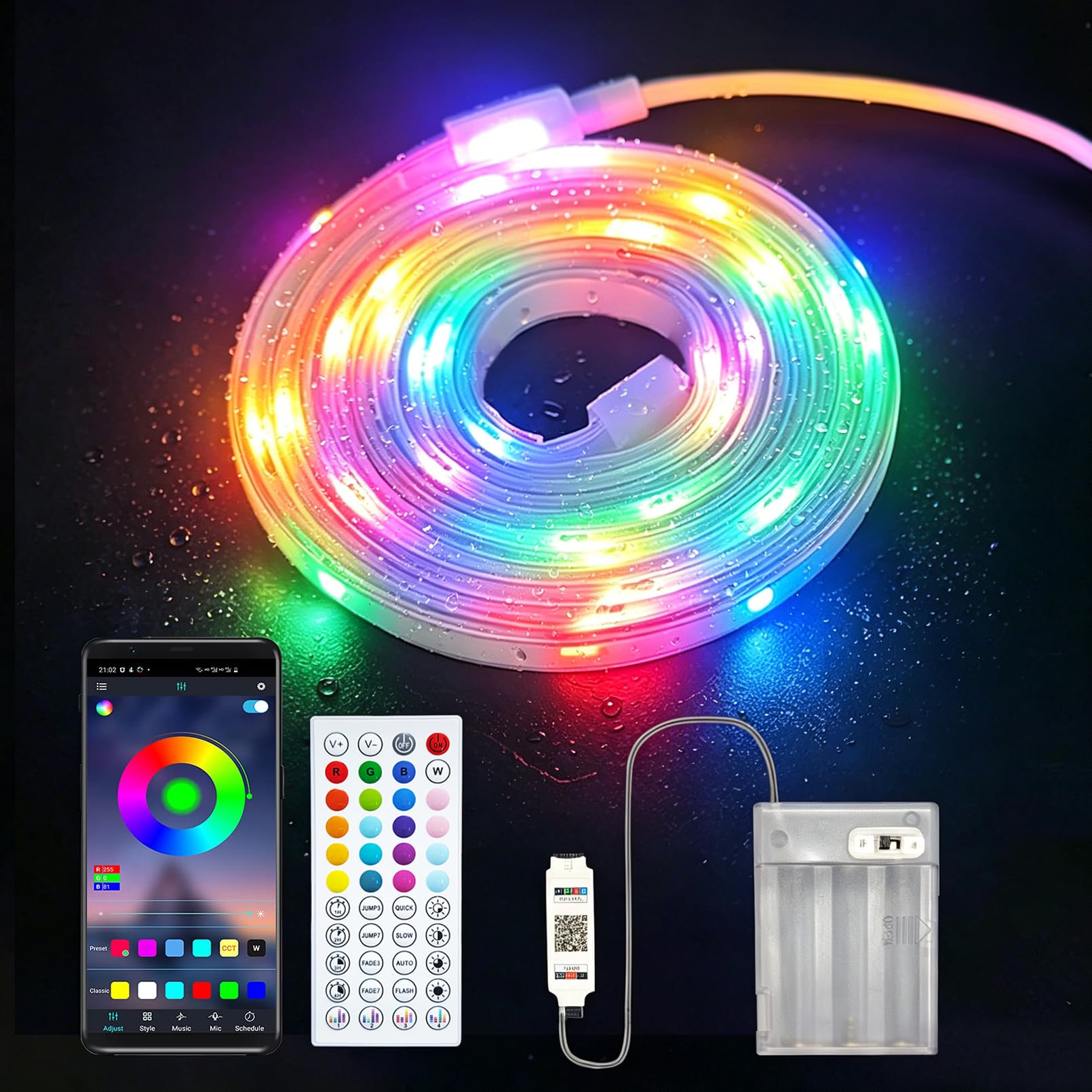 ZSLAIFU 2Pack 6.6FT RGB LED Strip Lights Battery Power Color Changing Music Sync App Remote Control, Waterproof LED Light Strips Battery Operated USB Lights for TV Cabinet Closet Shelves DIY Lighting