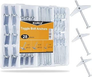 KURUI 28pcs Heavy Duty Toggle Bolts for Drywall & Ceiling - 3 Sizes (1/8", 3/16", 1/4") Metal Hollow Wall Anchors Kit with Screws