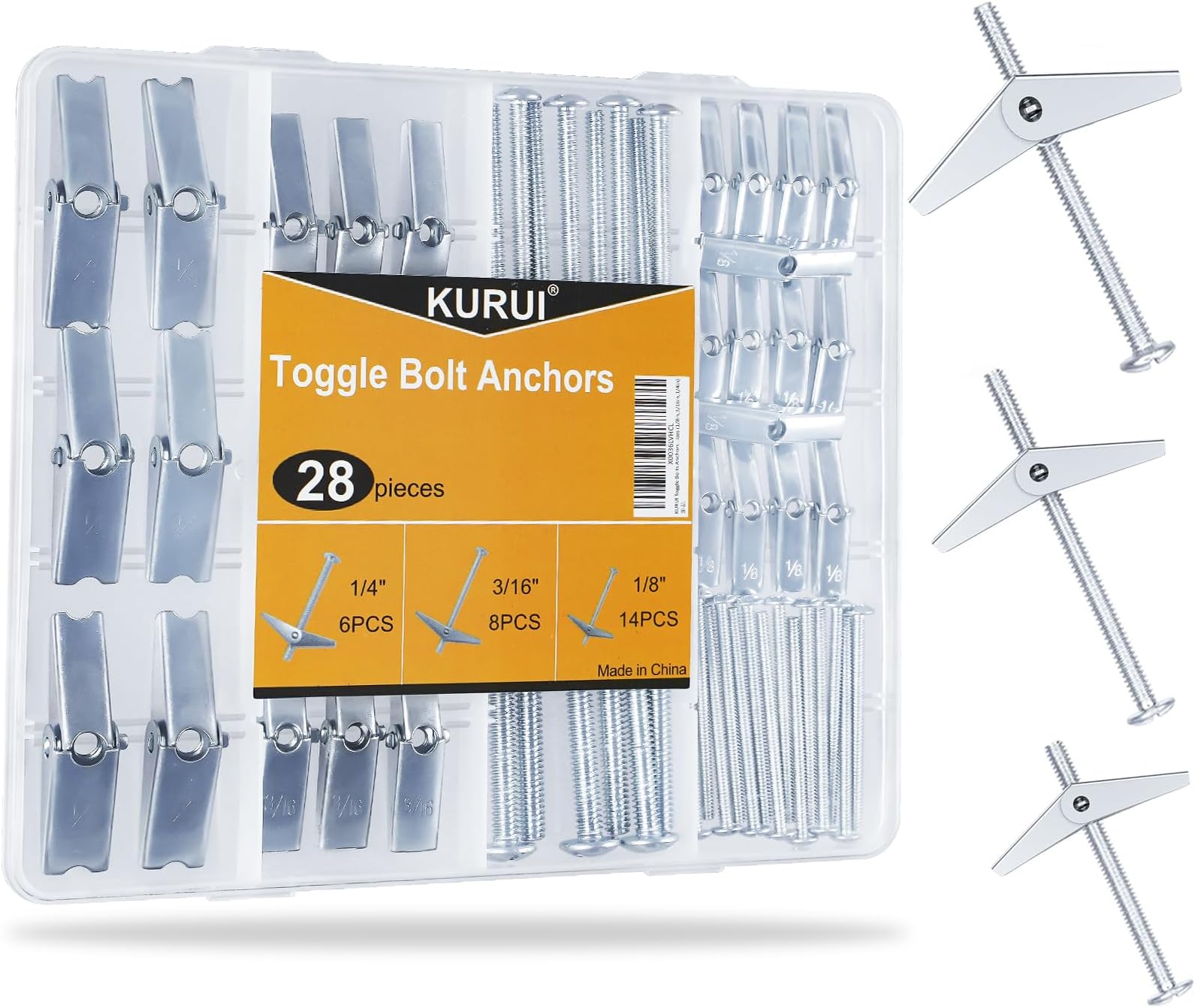 KURUI Heavy Duty Hollow Wall Anchors for Drywall Ceiling, Toggle Bolts and Wing Nut Kit, 28Pcs Metal Drywall Anchors and Screws Assortment Set, 3 Sizes Butterfly Anchors for Hanging 1/8, 3/16, 1/4