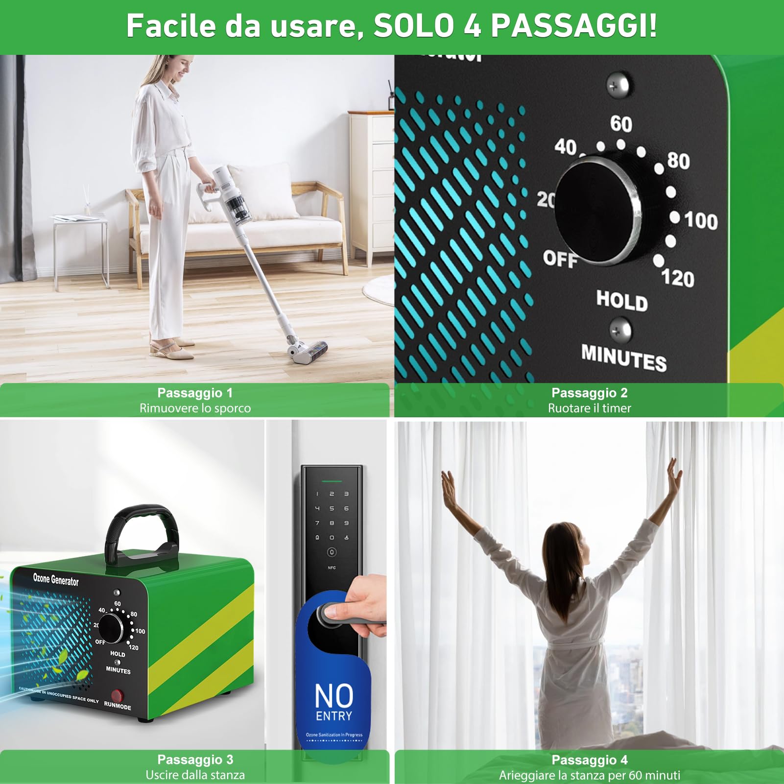 Generatore di ozono 65000mg/h, O3 Ozonizzatore per Veicoli, Generatore ozono con Timer 120 Minuti per Ambienti fino a 300㎡,Perfetto per case, uffici, hotel, ristoranti, veicoli e altro ancora