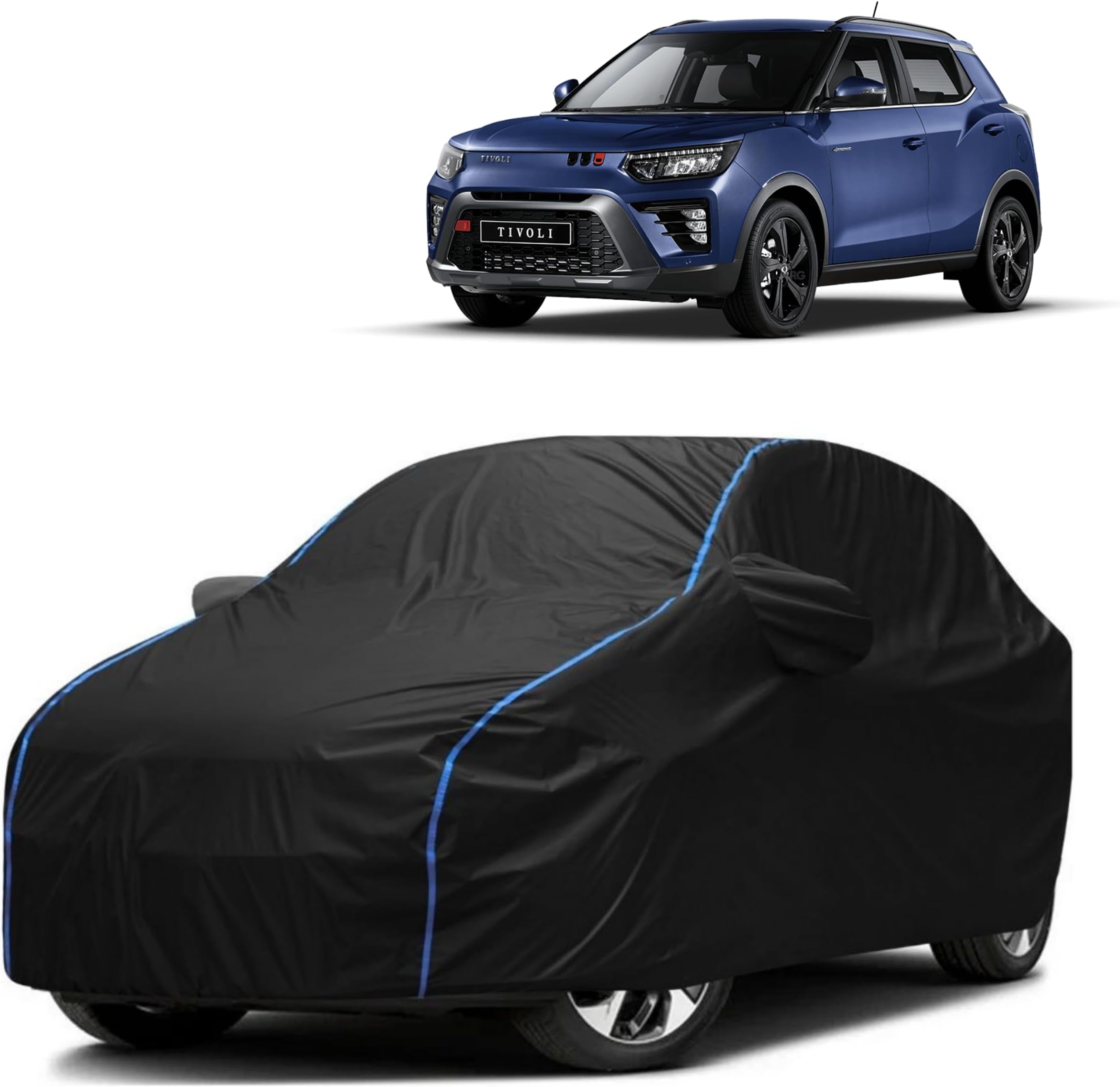 FAVY All Weather Resistant Car Body Cover Compatible with SsangYong Tivoli Scratch Proof, Anti-Dust, UV Protection with Windproof Buckle Strap and Mirror Pockets, Bottom Elastic Fitted-Black