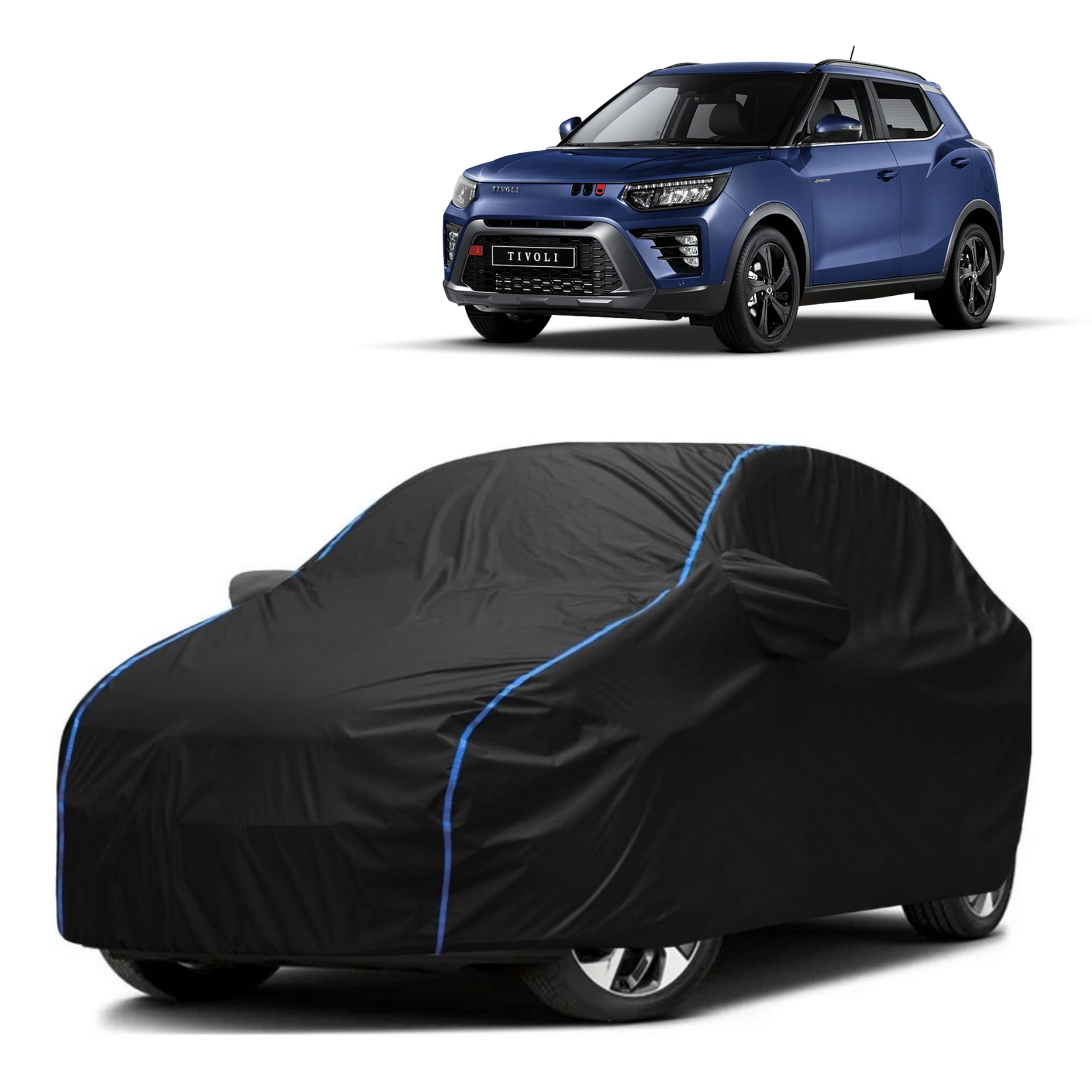 FAVY All Weather Resistant Car Body Cover Compatible with SsangYong Tivoli Scratch Proof, Anti-Dust, UV Protection with Windproof Buckle Strap and Mirror Pockets, Bottom Elastic Fitted-Black