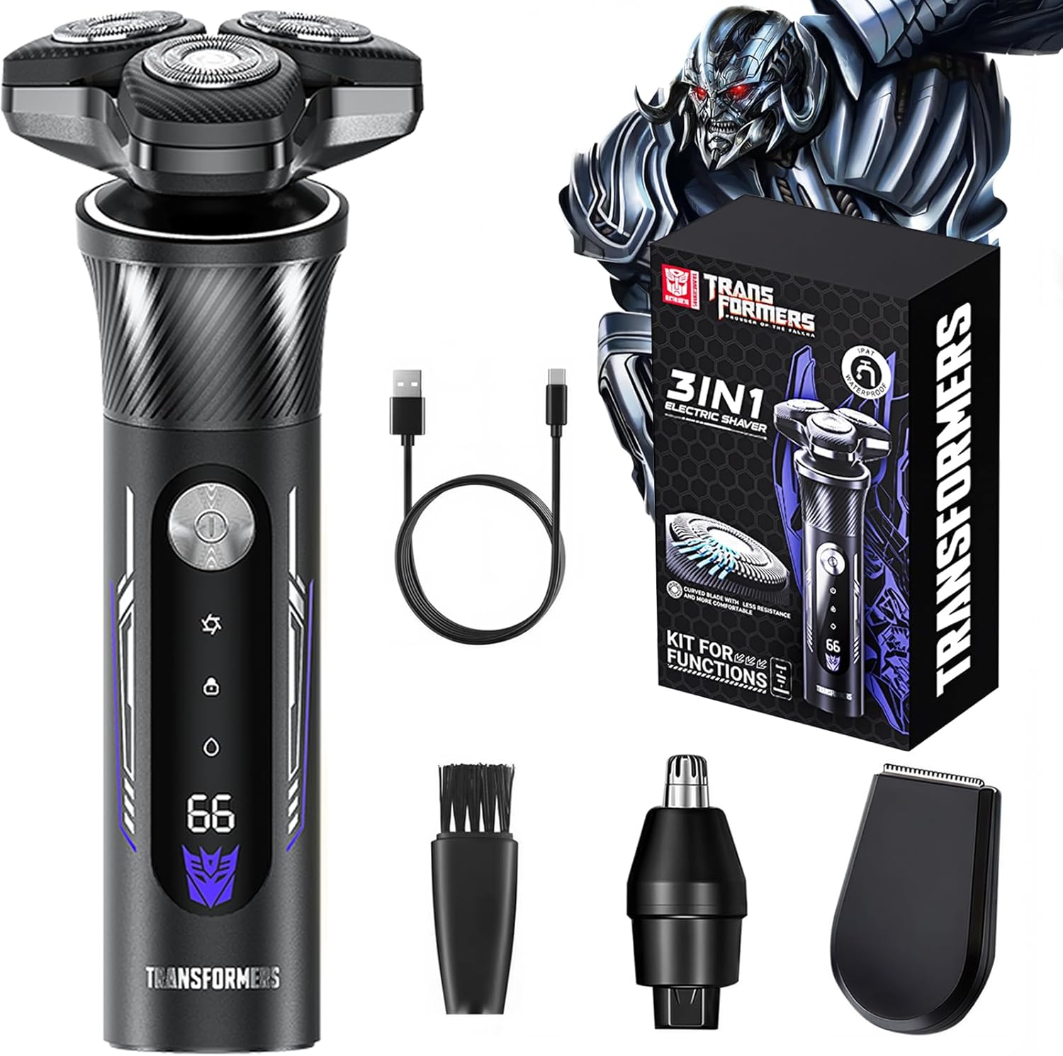 TRANSFORMERS Electric Razor for Men, 2-Speed Adjustable Shaver, IPX7 Waterproof, USB-C Fast Charging, LED Display, Smart Anti-Snag Beard Trimmer for Sensitive Skin, Mens Grooming Gift (Black)