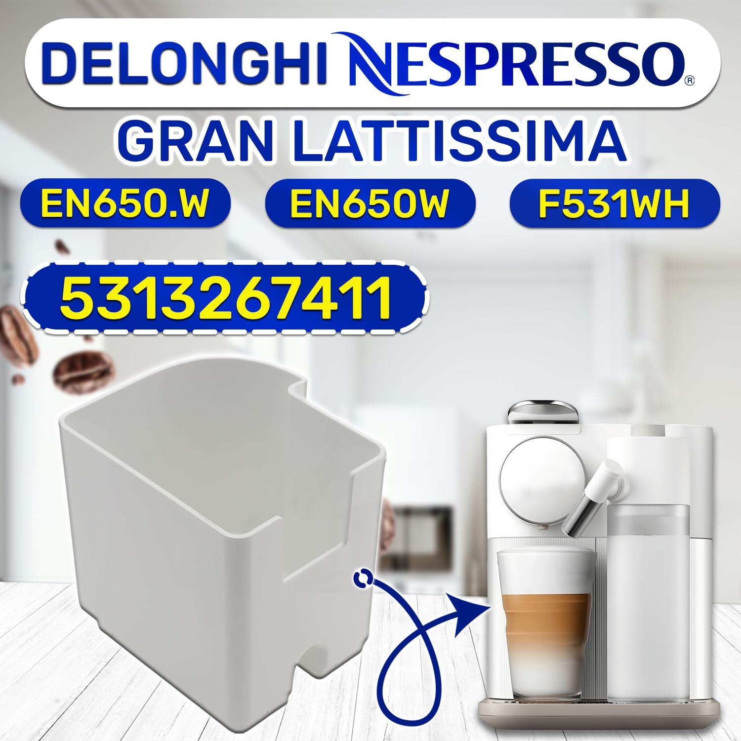 MONTERAL Contenitore per Capsule per Macchina Caffè Cialde con Codice Originale 5313267411 per DeLonghi per Nespresso Gran Lattissima EN650.W EN650W F531WH - MADE IN ITALY - Garanzia di 10 Anni