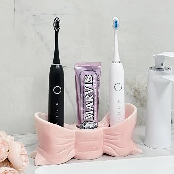 Bow Ceramic Electric Toothbrush Stand Holder Mount Countertop Toothbrush and Toothpaste Holder for Bathroom Pink