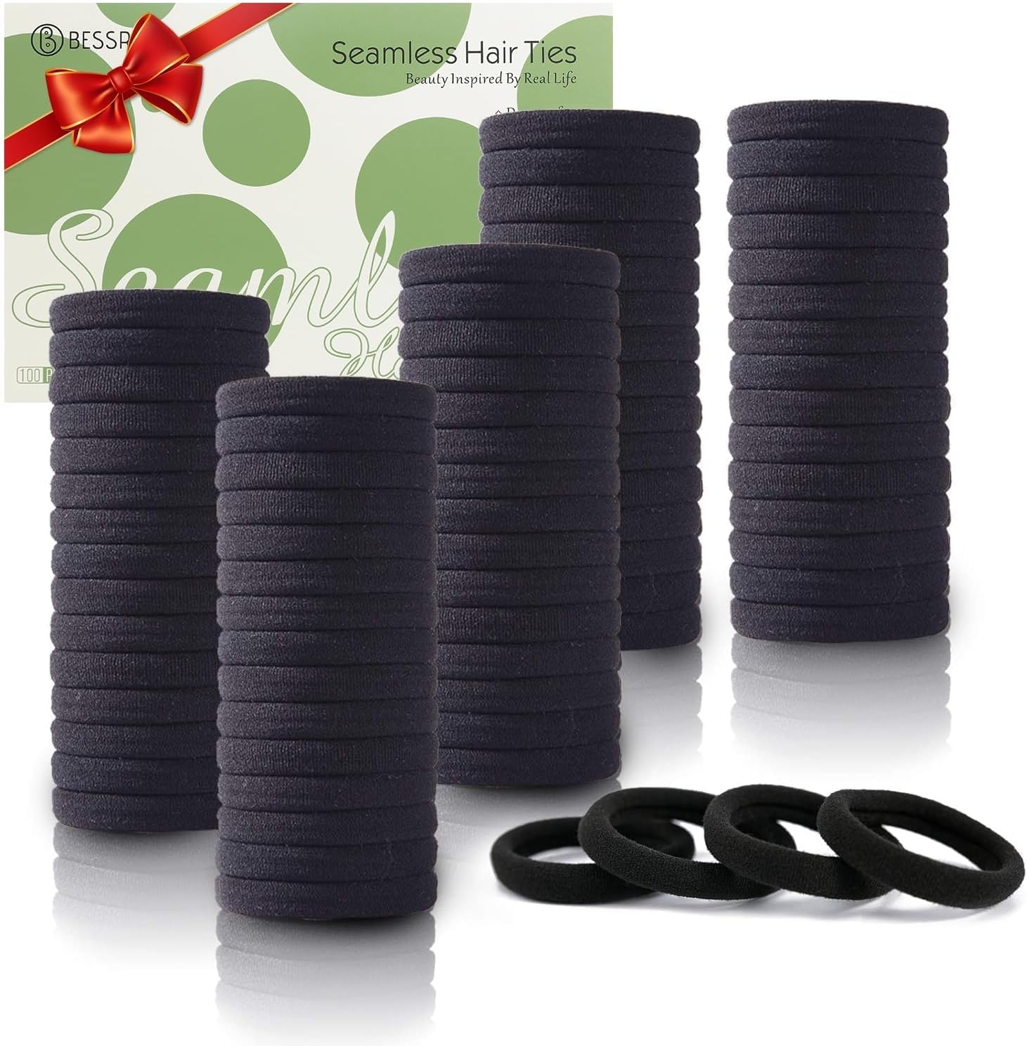 Bessrung 100PCS Black Seamless Elastic Hair Ties No Damage for Women Girls