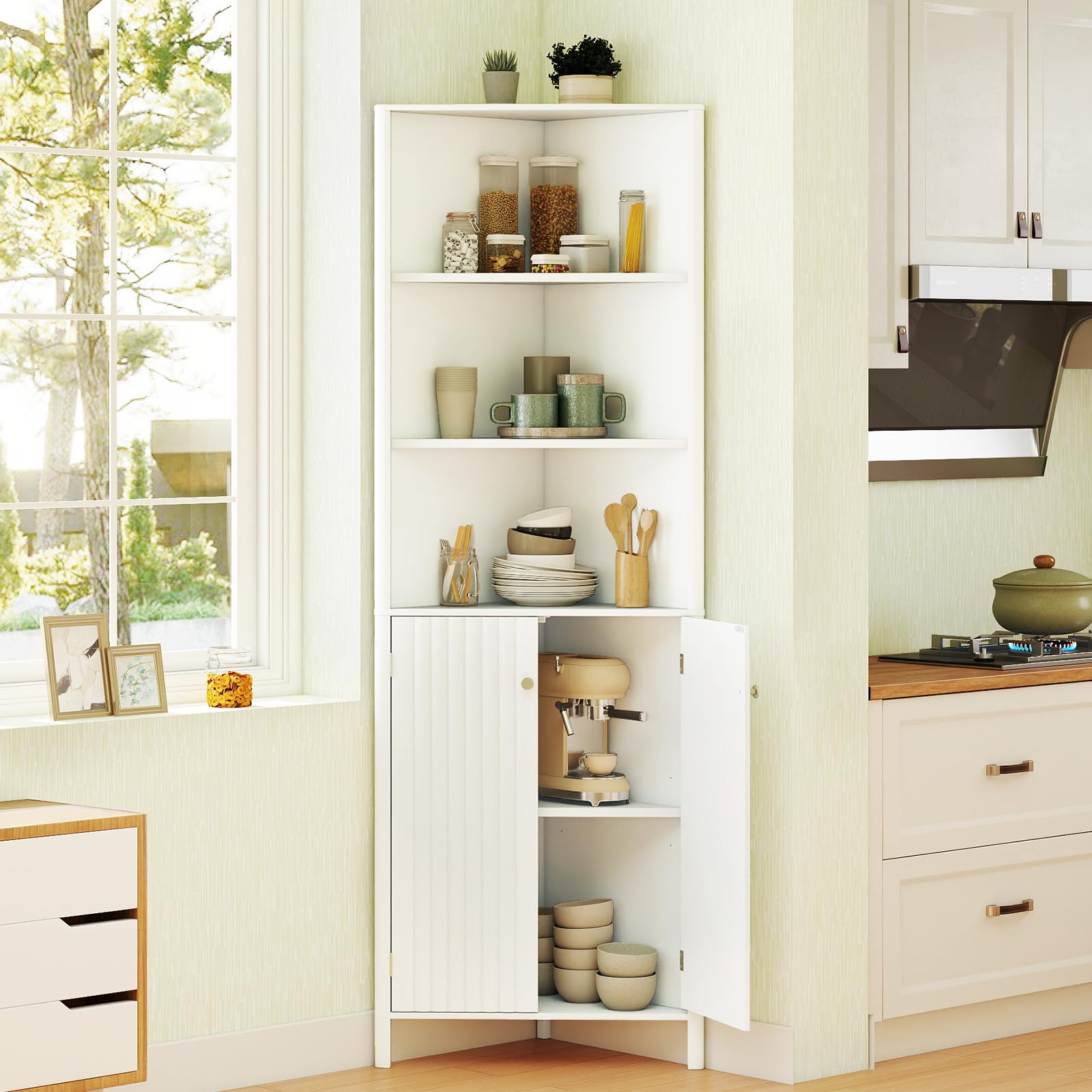 LIFEZEAL Mueble de baño esquinero para Ahorrar Espacio, Armario de baño de Esquina, 58 x 32 x 172,5 cm, aparador de Cocina, despensa, con estantes Ajustables, 5 Compartimentos, 2 Puertas (Blanco)