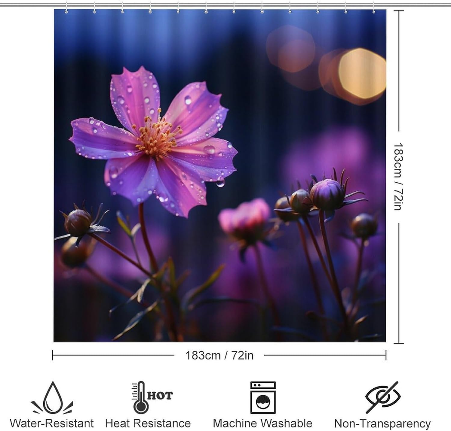 4Pcs Purple Flowers at Night Bathroom Sets Decor with Non-Slip Rugs Fashion Toilet Lid Cover Exquisite U-Shaped Mat Modern Shower Curtain with 12 Hooks Bathroom Decor Accessories image 2