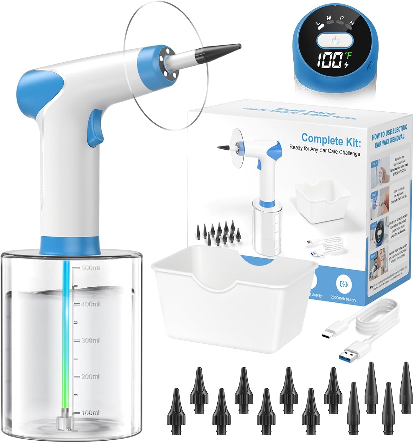 Featjoy Ear Wax Removal Kit, 2026 Electric Ear Cleaner with 12 Cleaning Modes & Real-Time Water Temp, Effective Ear Flushing Irrigation System for Multiple Earwax of Adults Kids, with 12 Tips, Basin