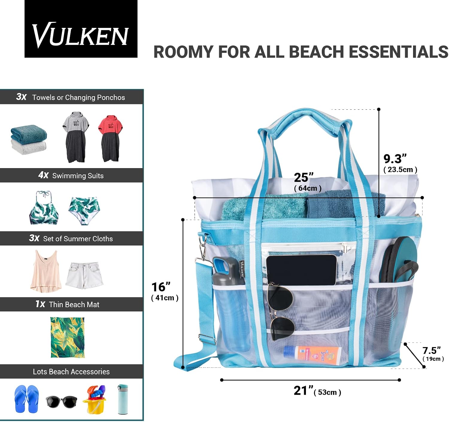 Vulken 42L Large Mesh Beach Bag for with Zipper 9 Pockets for Women and Men