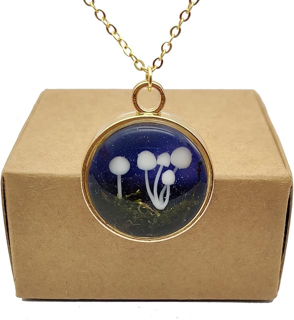 Mushroom 3D Forest Landscape Moss Underbrush Starry Pendant 18k Gold Plated Long Necklace