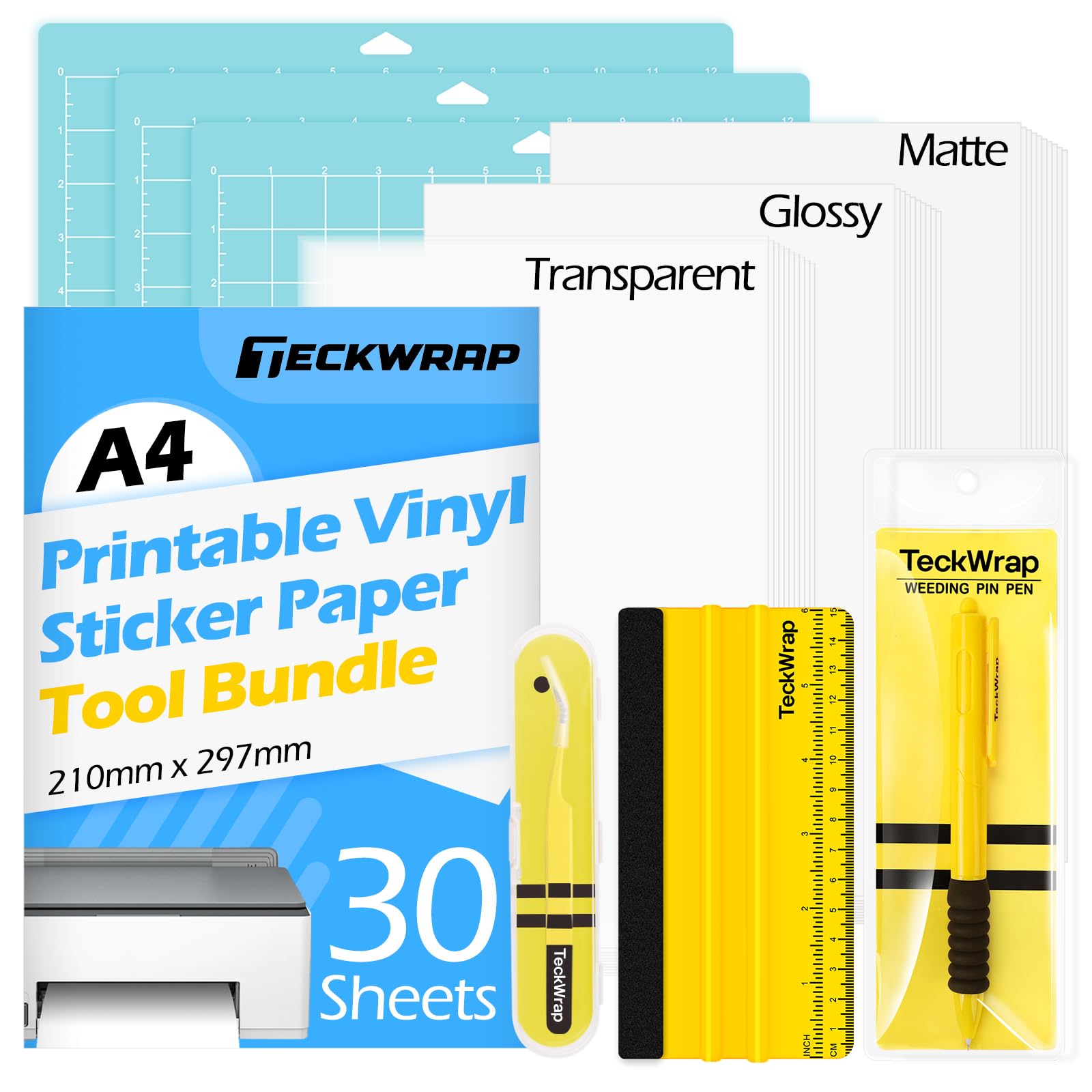 TECKWRAP Printable Vinyl Sticker Paper, (MatteGlossyTransparent) Inkjet Printable Sticker Vinyl, A4 30PCS Photo Paper for Craft, Stickers, Labels