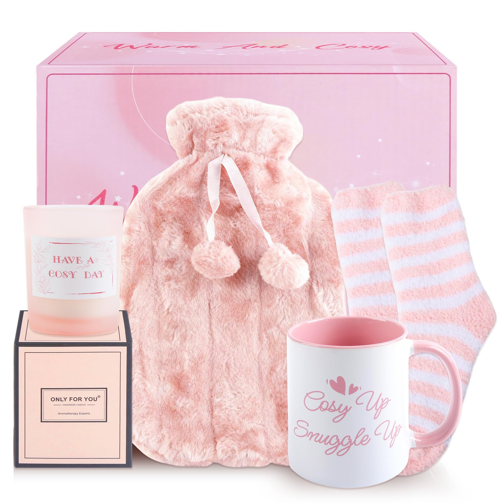 Wärmflasche, Geschenke für Frauen enthalten Flauschige Wärmflasche, Duftkerze, Dicke Socken und Personalisierte Tasse, Wärmflaschenbezug Gemütliches Gegenwart für Frauen Männer Erwachsene(Rosa)