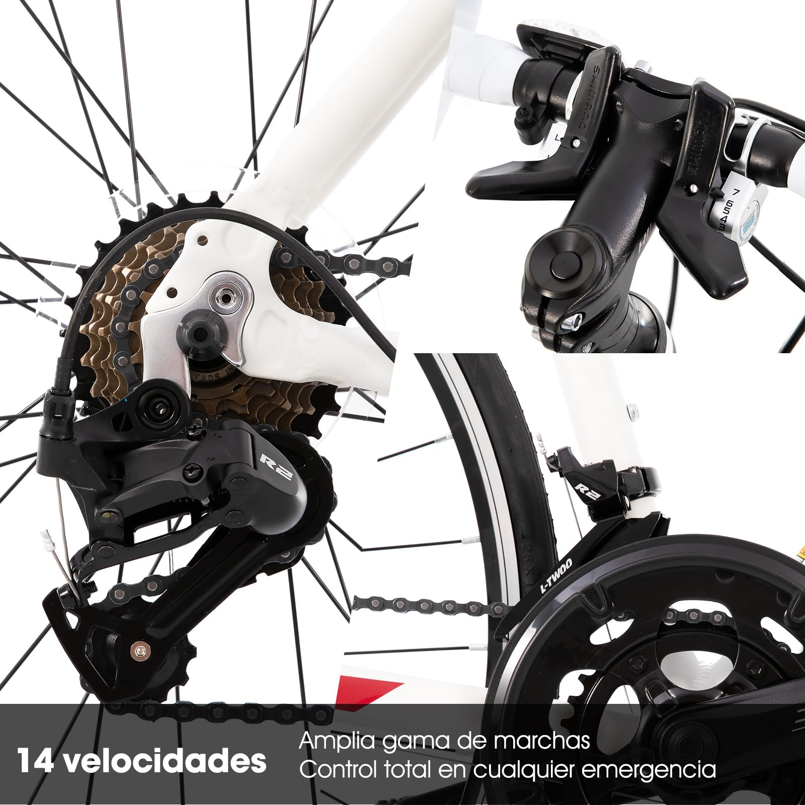 Hiland Bicicleta de Carretera 28 Pulgadas, Cuadro de Aluminio 700C Unisex, Frenos de Llanta Delanteros y Traseros, 14 Velocidades, Cuadro 490/530/570 mm, Negro/Blanco