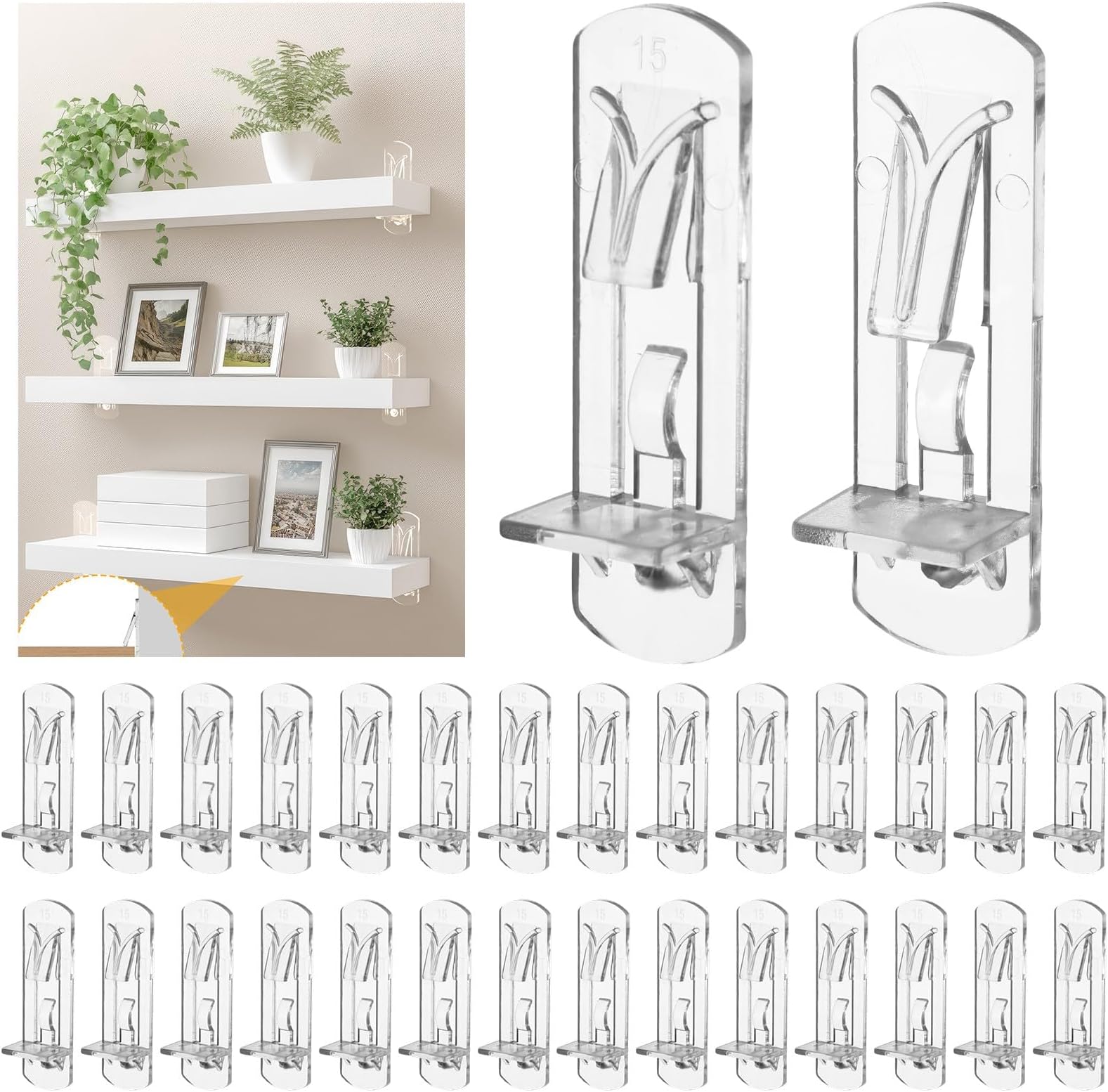 30PCS Plastic Locking Shelf Support Pegs, Clear Self-Locking Shelves Support Pegs, 6mm Shelf Pins for Kitchen Cabinet Furniture Book Shelves, Two Sizes