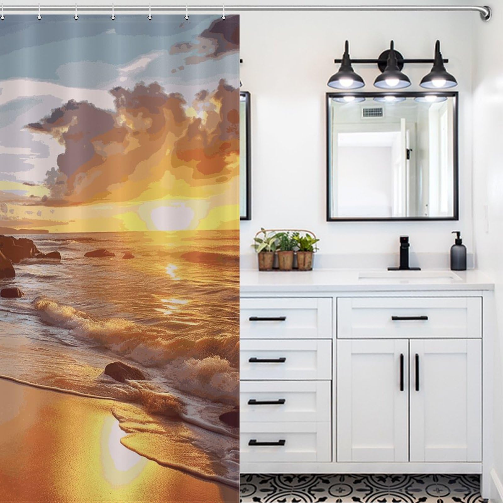 Rideau de douche imperméable 152x183 cm motif plage tropicale sunset avec 12 crochets inclus