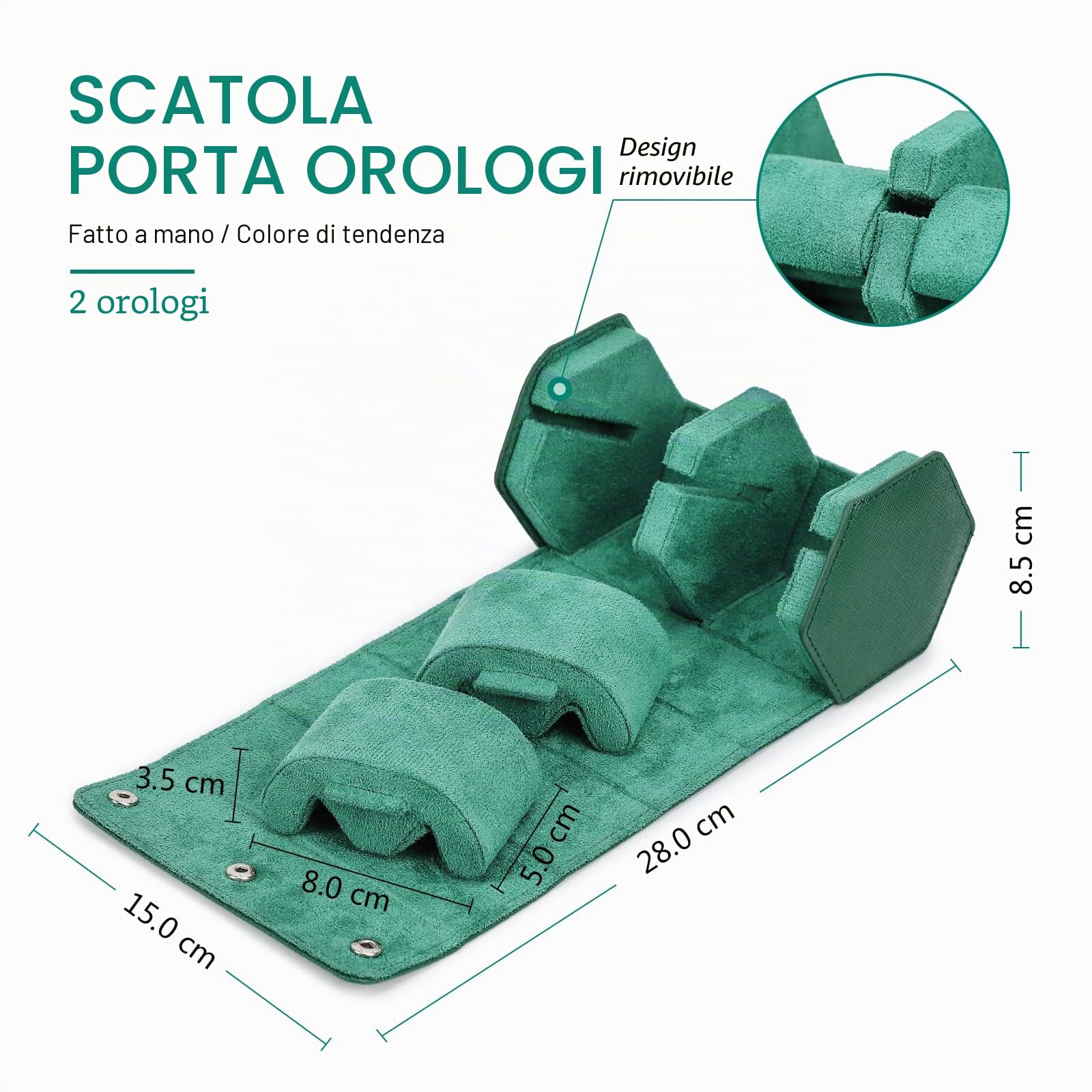 Hiram Custodia da viaggio per orologi, in vera pelle, esagonale, 2 rotoli, organizer protettivo per orologi da polso (verde)