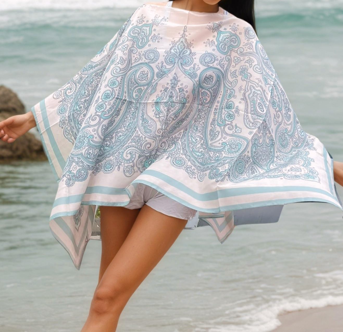 Damen 2-in-1 Sommer Poncho Schal aus Seide & Baumwolle Mix leicht Umschlagtuch Tunika Schultertuch für Urlaub, Strand & Freizeit