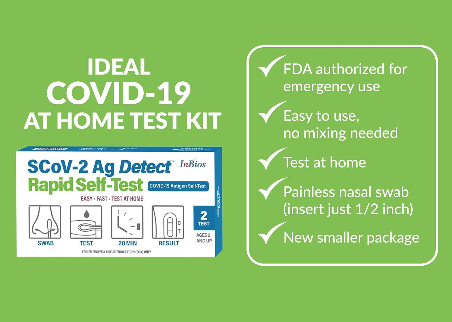 SCoV-2 Ag Detect Rapid Test, 1 Pack, 2 Tests Total, Easy-to-Use COVID 19 Test Kit at Home, FDA Emergency Use Authorized, No-Mixing, Non-Invasive,